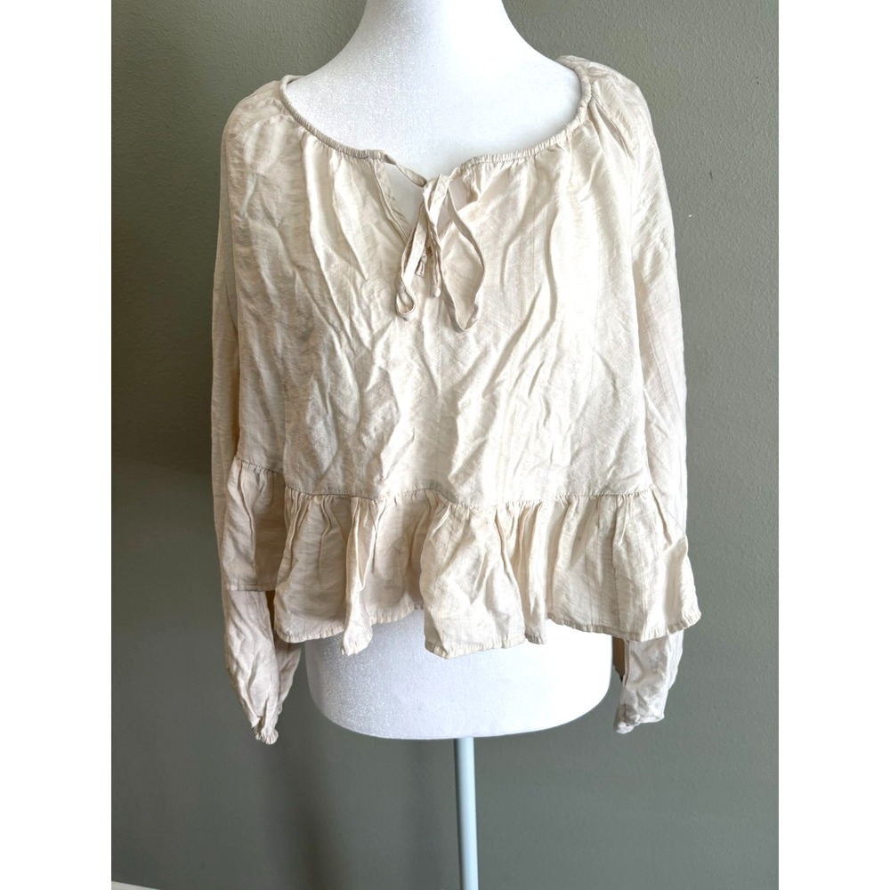 American Eagle Women‎ Beige Long-Sleeve Tie-Up Ruffle Blouse Top Size Medium